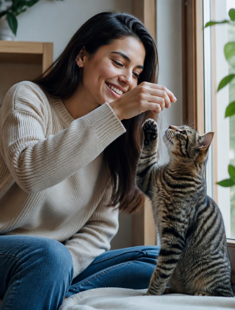 Dueña de mascota jugando con su gato